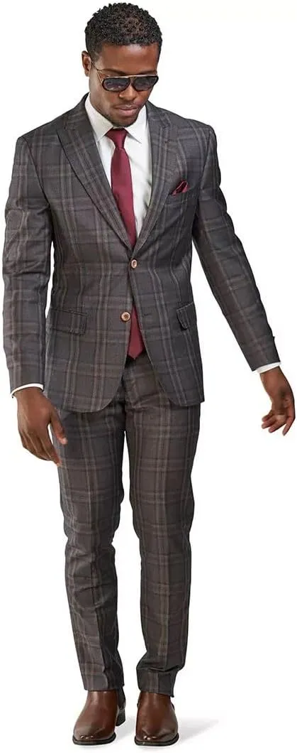Slim Fit Suit 2 Button Peak Lapel Windowpane Plaid Vest Optional 35071