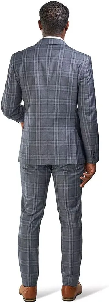 Slim Fit Suit 2 Button Peak Lapel Windowpane Plaid Vest Optional 35071