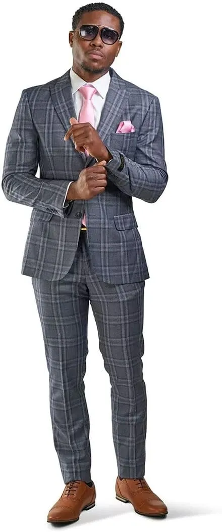 Slim Fit Suit 2 Button Peak Lapel Windowpane Plaid Vest Optional 35071
