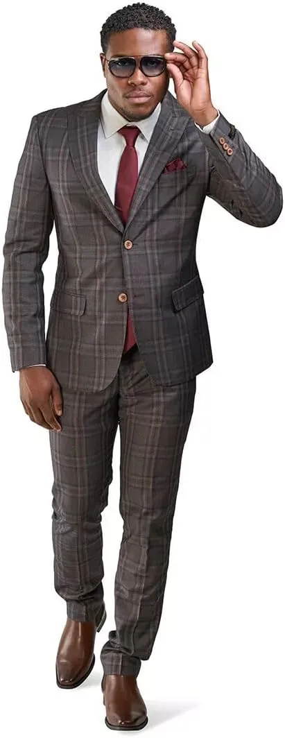 Slim Fit Suit 2 Button Peak Lapel Windowpane Plaid Vest Optional 35071