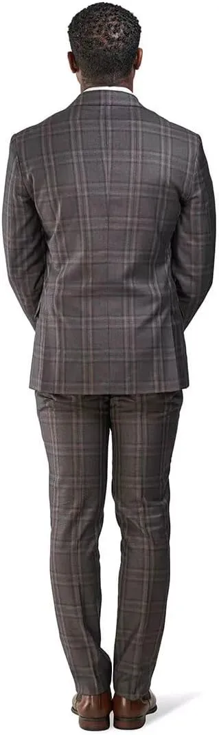 Slim Fit Suit 2 Button Peak Lapel Windowpane Plaid Vest Optional 35071