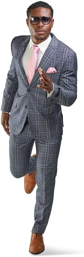 Slim Fit Suit 2 Button Peak Lapel Windowpane Plaid Vest Optional 35071