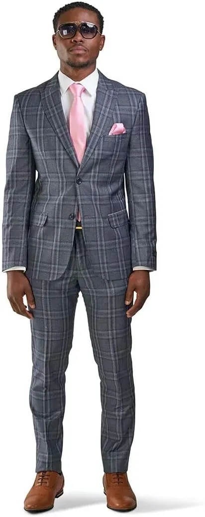 Slim Fit Suit 2 Button Peak Lapel Windowpane Plaid Vest Optional 35071