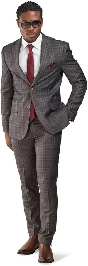 Slim Fit Suit 2 Button Peak Lapel Windowpane Plaid Vest Optional 35071