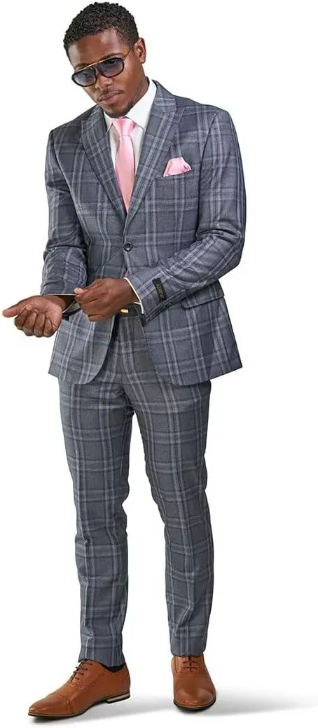 Slim Fit Suit 2 Button Peak Lapel Windowpane Plaid Vest Optional 35071