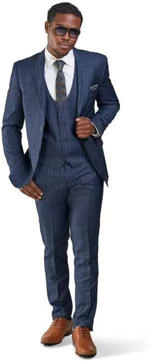 Slim Fit Suit 2 Button Peak Lapel Windowpane Plaid Vest Optional 35071