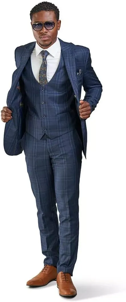 Slim Fit Suit 2 Button Peak Lapel Windowpane Plaid Vest Optional 35071
