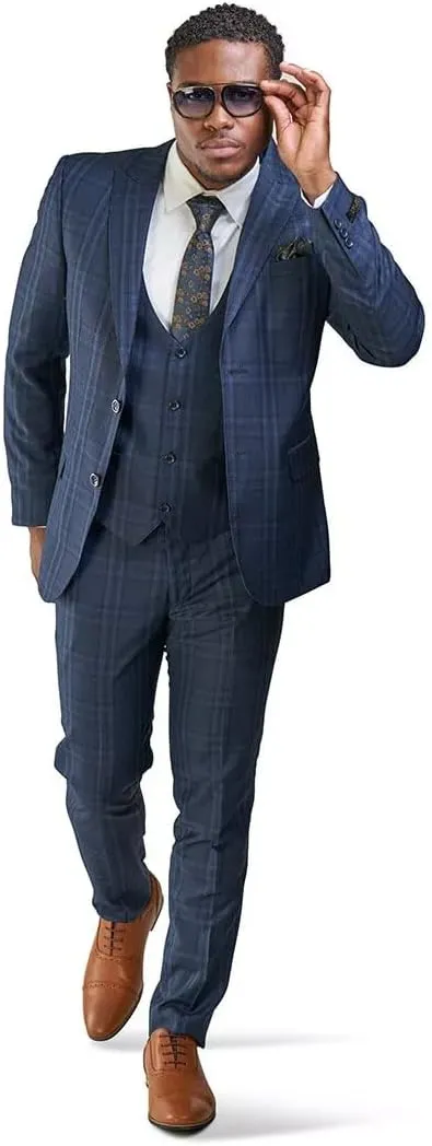 Slim Fit Suit 2 Button Peak Lapel Windowpane Plaid Vest Optional 35071