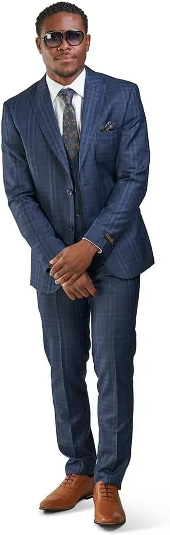 Slim Fit Suit 2 Button Peak Lapel Windowpane Plaid Vest Optional 35071