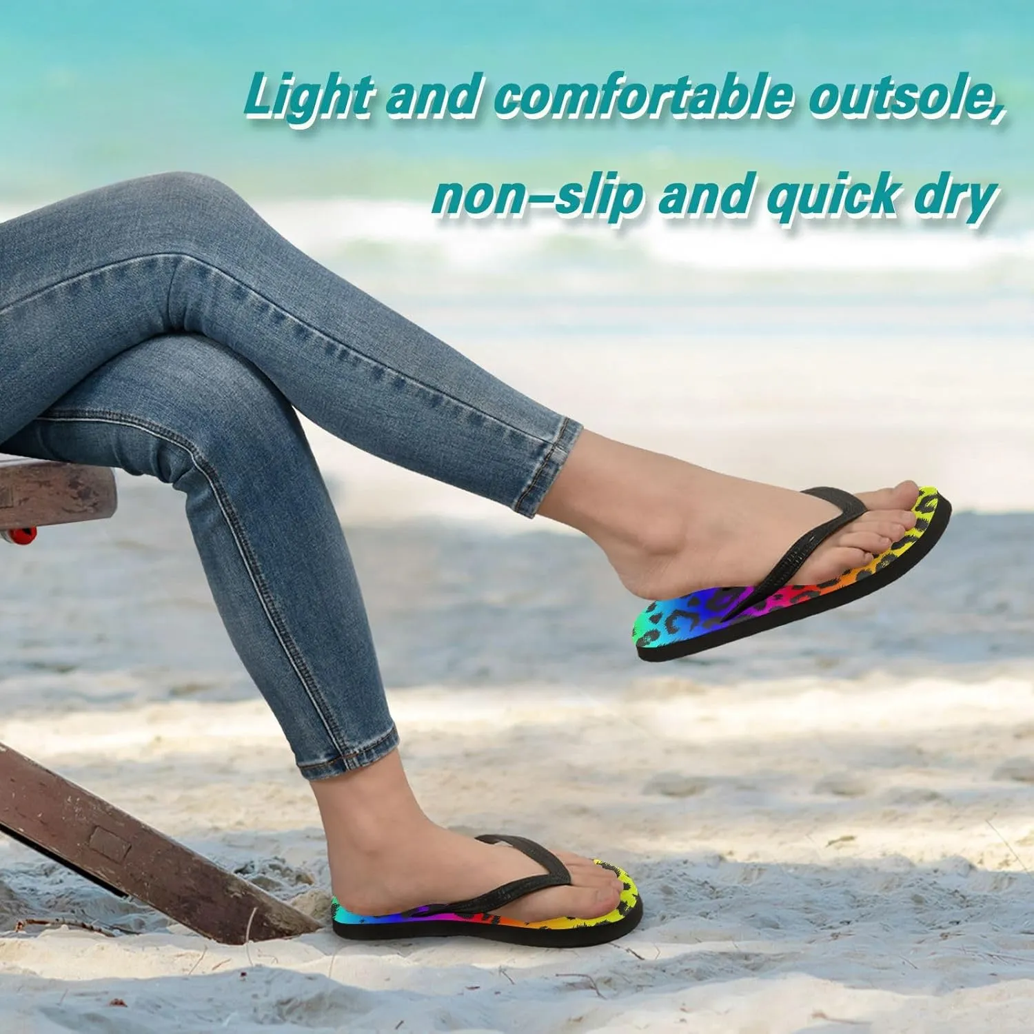 Slim Flip Flops for Women Beach - Ombre Leopard Rainbow Color Casual Thong Flat Sandals Rubber Slide Slippers Shower Shoes
