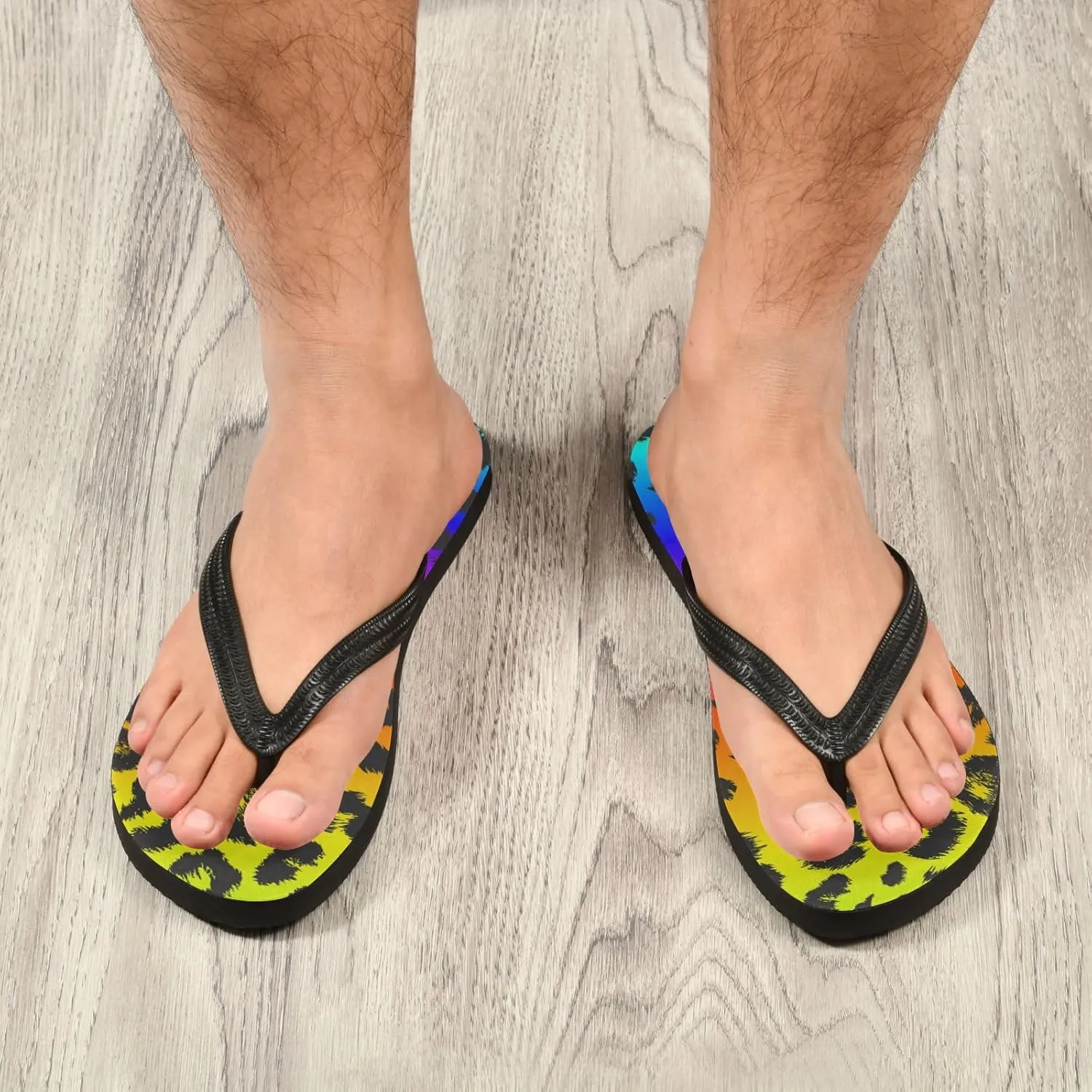 Slim Flip Flops for Women Beach - Ombre Leopard Rainbow Color Casual Thong Flat Sandals Rubber Slide Slippers Shower Shoes