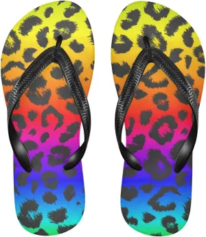 Slim Flip Flops for Women Beach - Ombre Leopard Rainbow Color Casual Thong Flat Sandals Rubber Slide Slippers Shower Shoes
