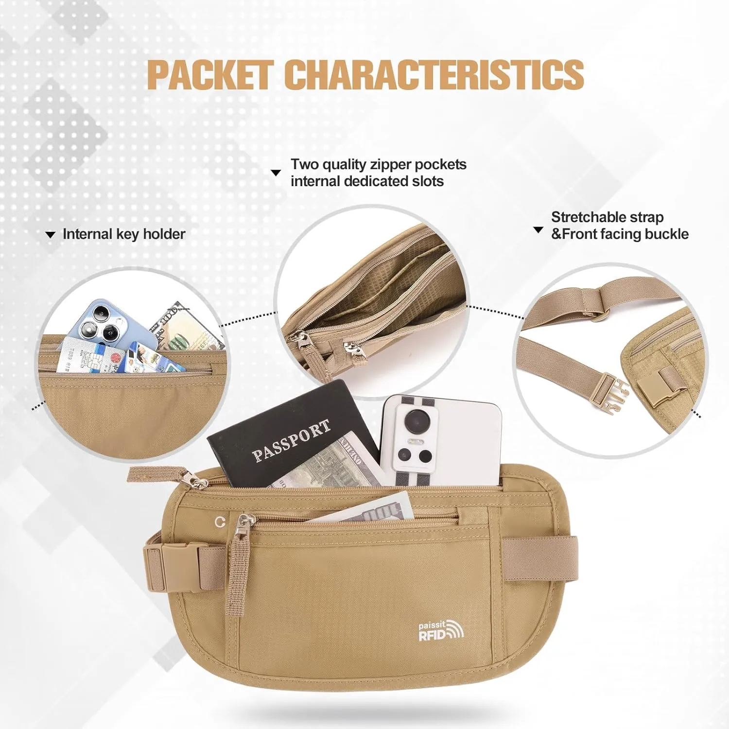 Small Unisex Money Belt For Men and Women, Slim Passport Holder RFID Blocking Travel Essentials Pouch with Adjustable Strap Small Waist Pouch for Workout Running Travelling Hiking, Beige & 8 Sleeves