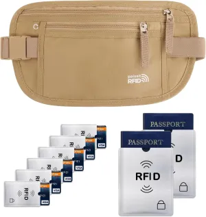 Small Unisex Money Belt For Men and Women, Slim Passport Holder RFID Blocking Travel Essentials Pouch with Adjustable Strap Small Waist Pouch for Workout Running Travelling Hiking, Beige & 8 Sleeves