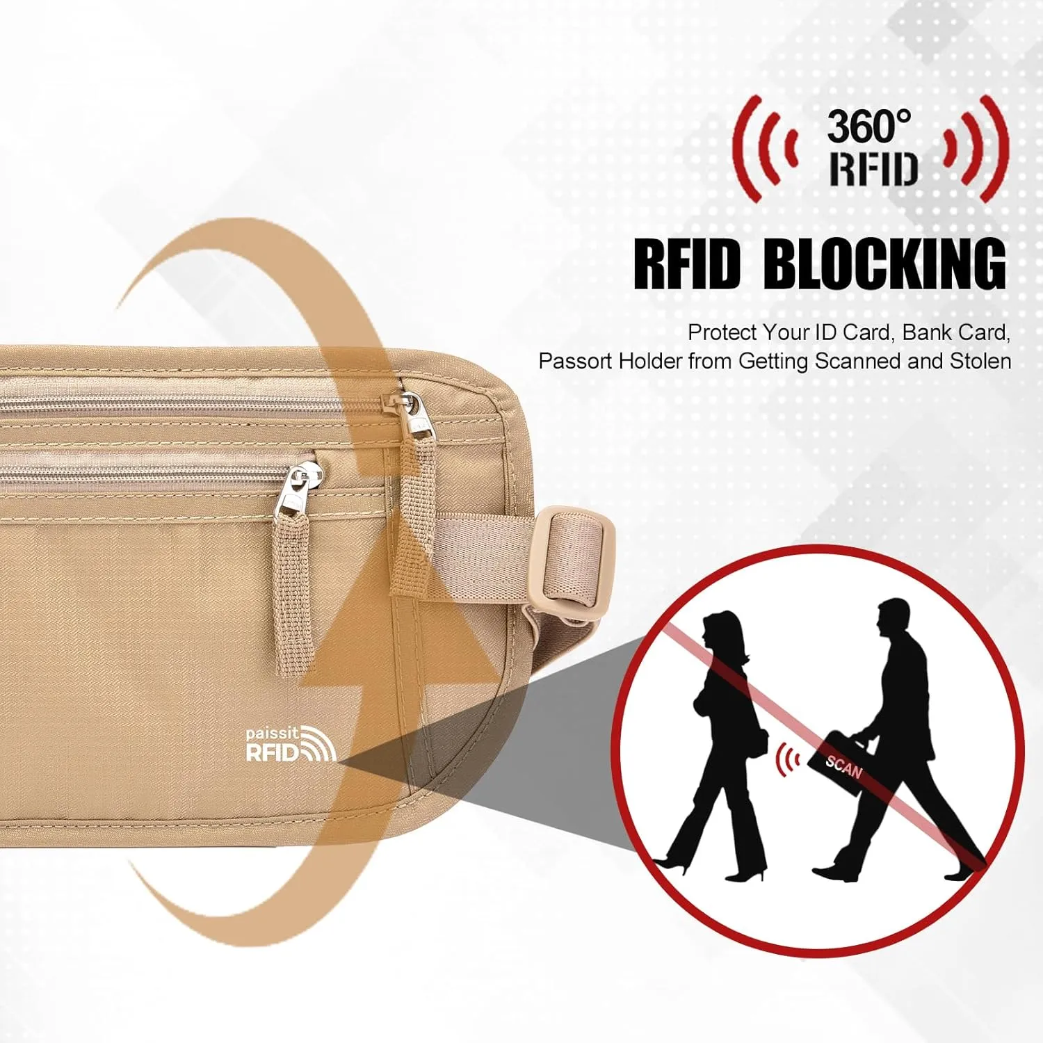 Small Unisex Money Belt For Men and Women, Slim Passport Holder RFID Blocking Travel Essentials Pouch with Adjustable Strap Small Waist Pouch for Workout Running Travelling Hiking, Beige & 8 Sleeves