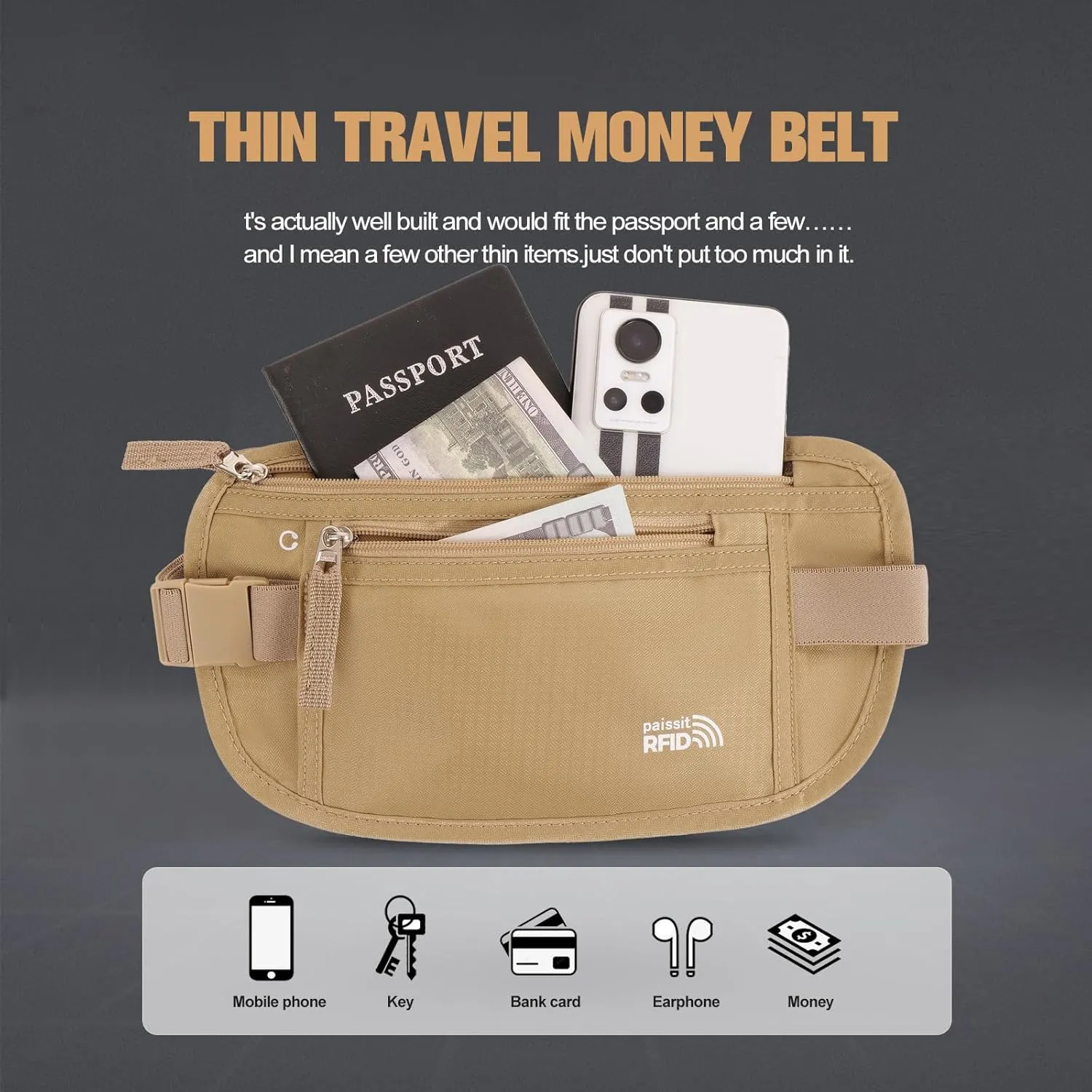 Small Unisex Money Belt For Men and Women, Slim Passport Holder RFID Blocking Travel Essentials Pouch with Adjustable Strap Small Waist Pouch for Workout Running Travelling Hiking, Beige & 8 Sleeves