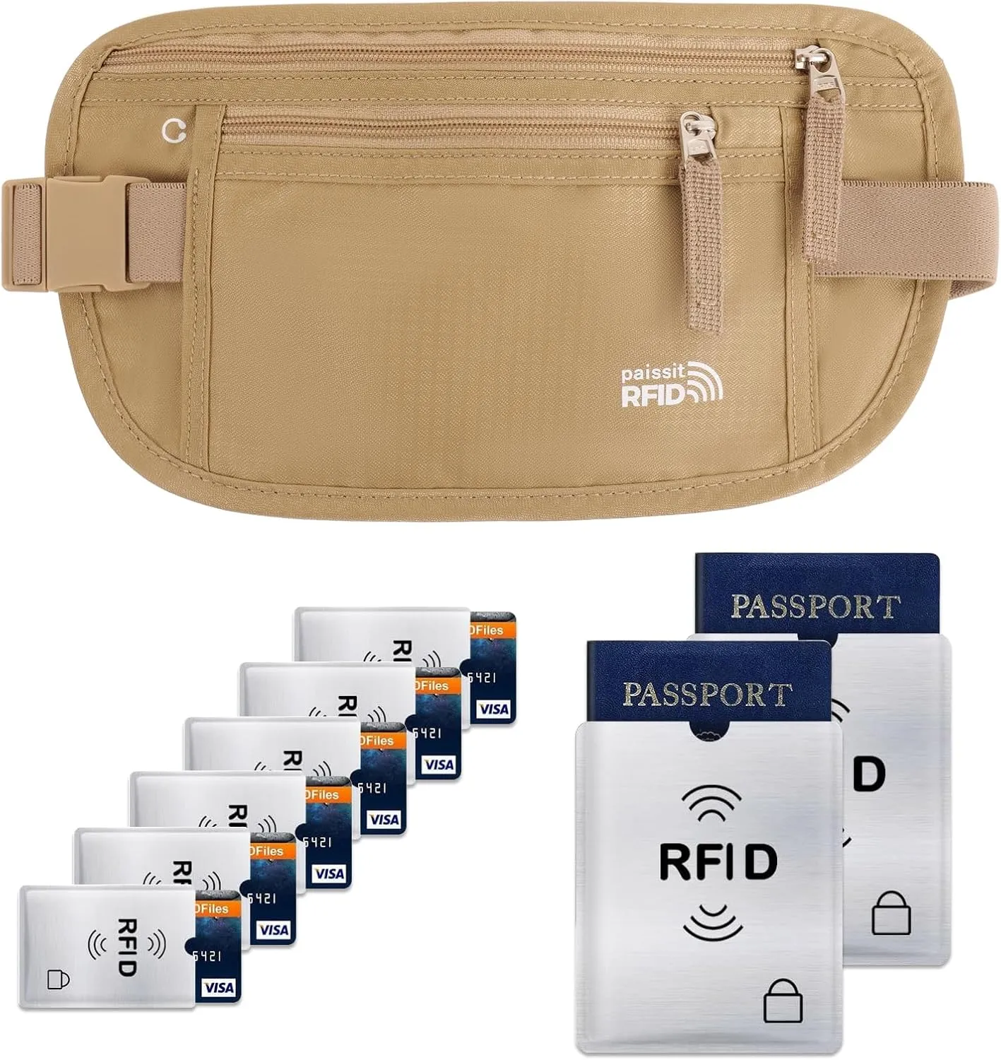 Small Unisex Money Belt For Men and Women, Slim Passport Holder RFID Blocking Travel Essentials Pouch with Adjustable Strap Small Waist Pouch for Workout Running Travelling Hiking, Beige & 8 Sleeves