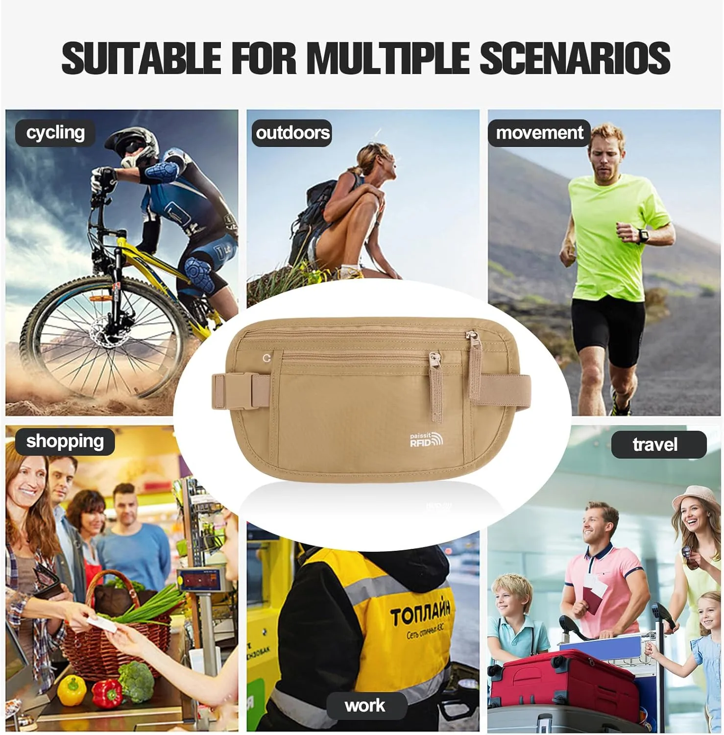 Small Unisex Money Belt For Men and Women, Slim Passport Holder RFID Blocking Travel Essentials Pouch with Adjustable Strap Small Waist Pouch for Workout Running Travelling Hiking, Beige & 8 Sleeves