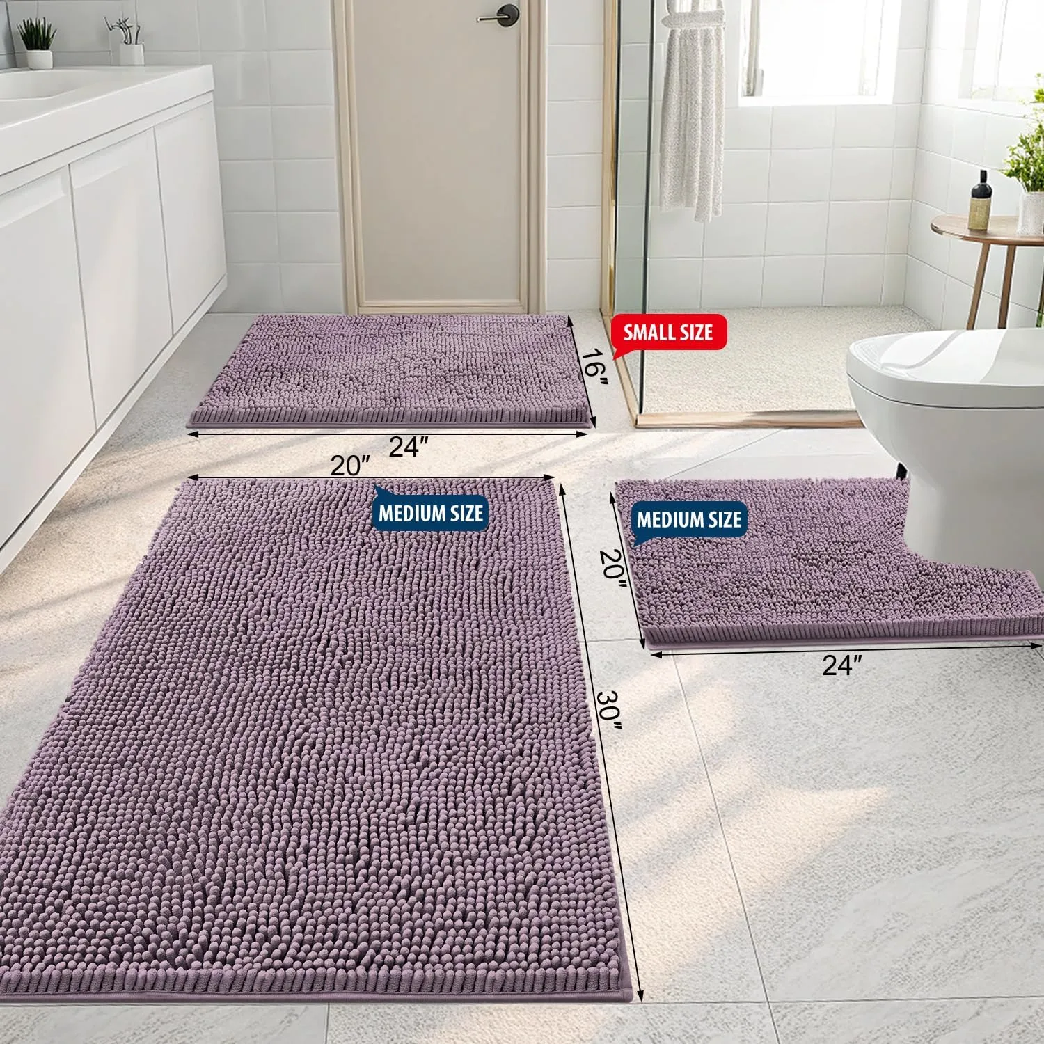 Smiry Luxury Chenille Bathroom Rugs 24x16, Extra Soft and Absorbent Shaggy Bath Mat, Machine Washable, Non-Slip Plush Carpet Runner for Tub, Shower, and Floor, Home Decor Accessories, Deep Plum