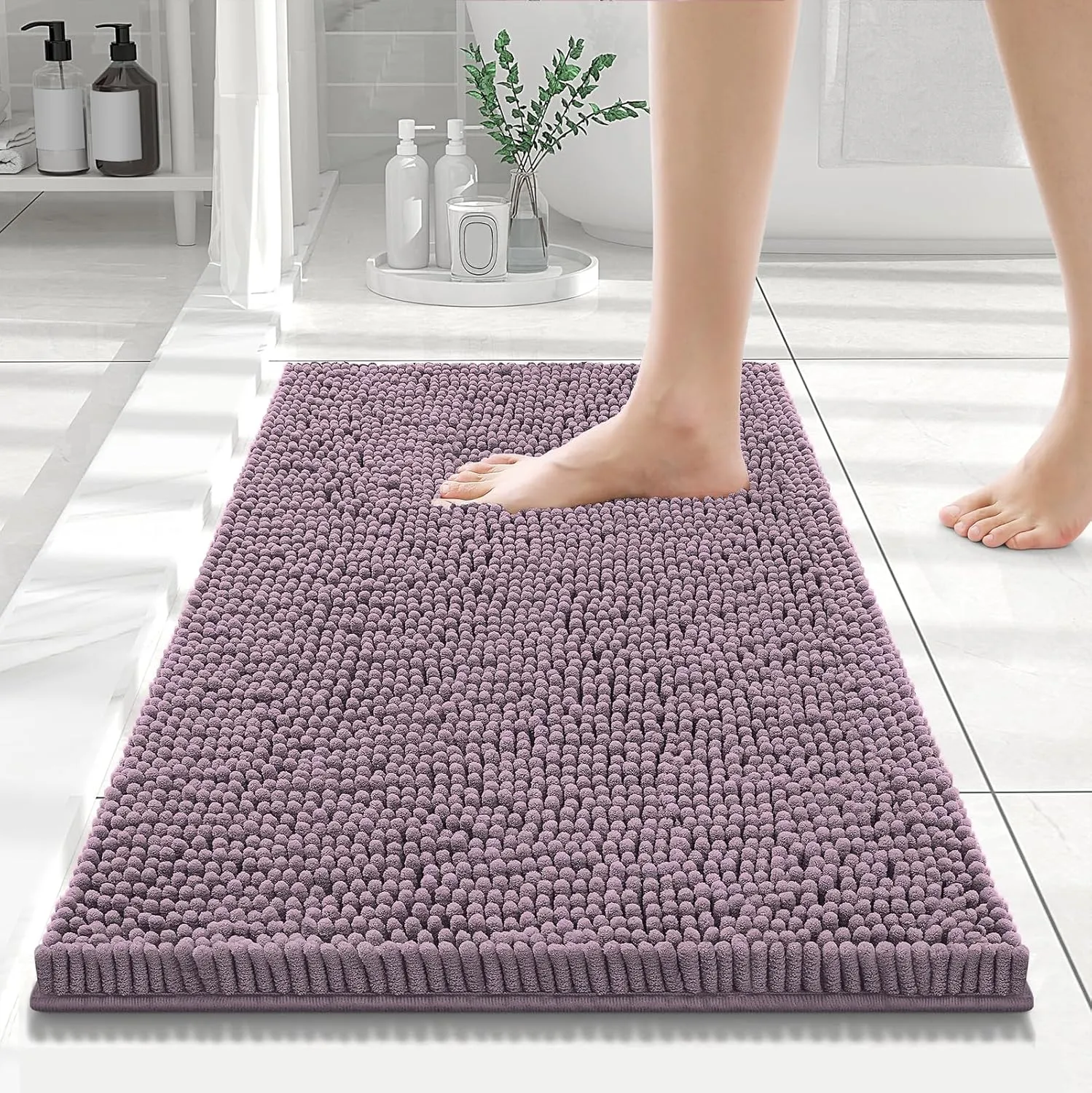 Smiry Luxury Chenille Bathroom Rugs 24x16, Extra Soft and Absorbent Shaggy Bath Mat, Machine Washable, Non-Slip Plush Carpet Runner for Tub, Shower, and Floor, Home Decor Accessories, Deep Plum