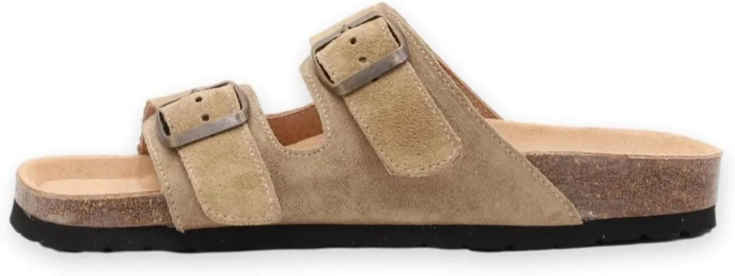 Soft Suede Leather Flat Sandals - Cork Footbed Sandal with Soft Suede Leather - Womens Sandals Comfortable Wear - Comfortable Slip On Cork Footbed Sandals with Adjustable Buckles