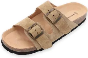 Soft Suede Leather Flat Sandals - Cork Footbed Sandal with Soft Suede Leather - Womens Sandals Comfortable Wear - Comfortable Slip On Cork Footbed Sandals with Adjustable Buckles