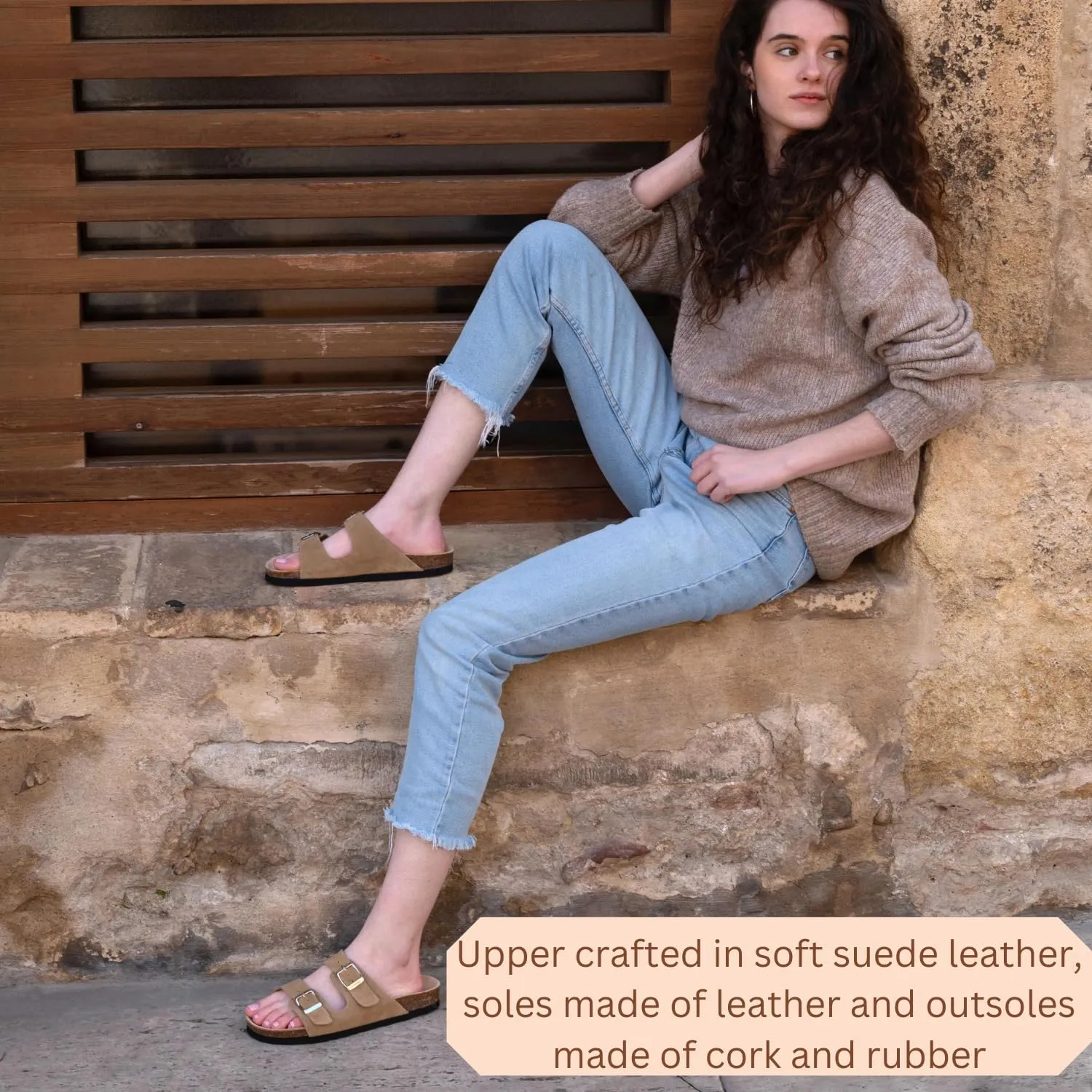 Soft Suede Leather Flat Sandals - Cork Footbed Sandal with Soft Suede Leather - Womens Sandals Comfortable Wear - Comfortable Slip On Cork Footbed Sandals with Adjustable Buckles