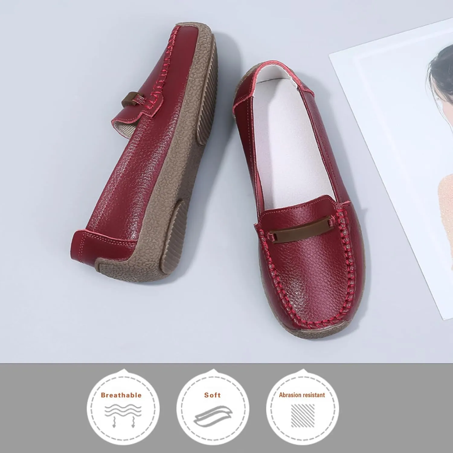 Solaud Women's Leather Loafers Comfort Soft Wild Driving Anti-Collision Penny Moccasins Nurses Work Daily Walking Flats Casual Shoes