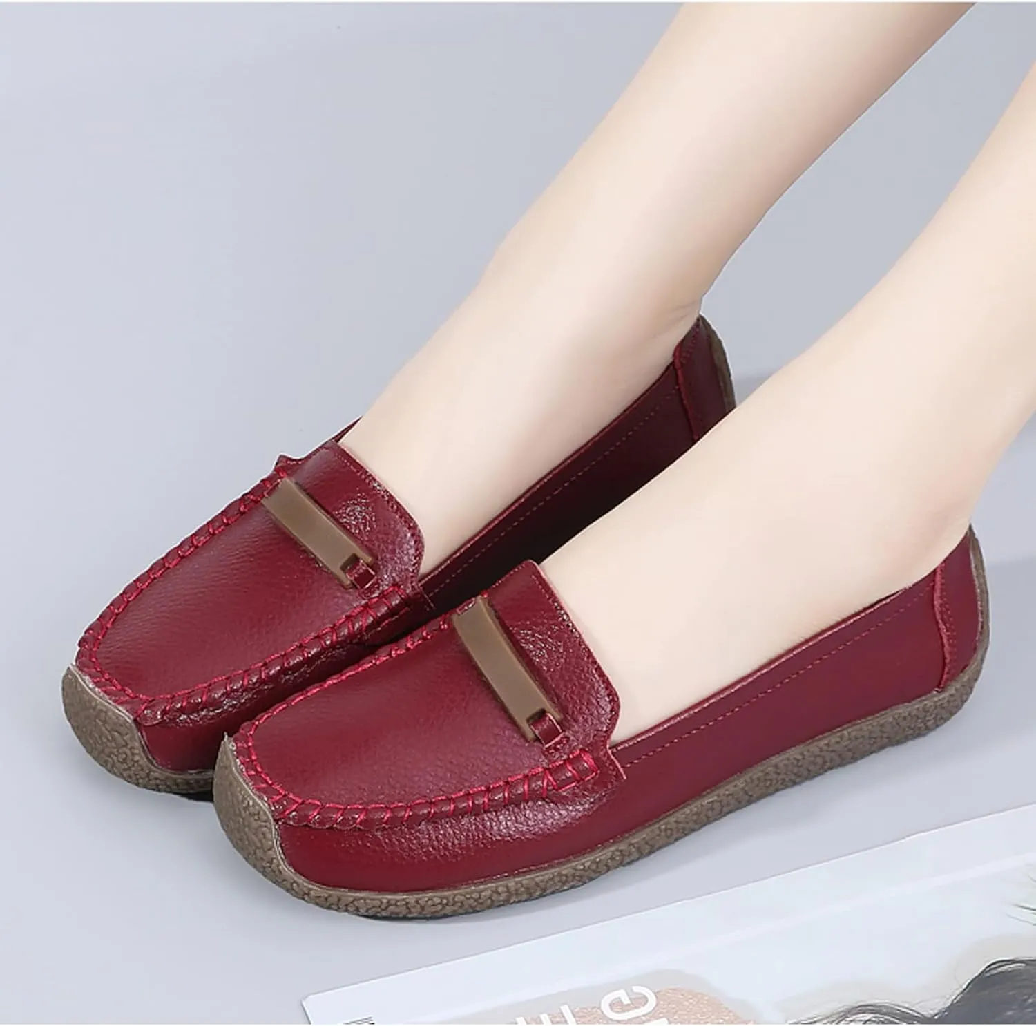 Solaud Women's Leather Loafers Comfort Soft Wild Driving Anti-Collision Penny Moccasins Nurses Work Daily Walking Flats Casual Shoes