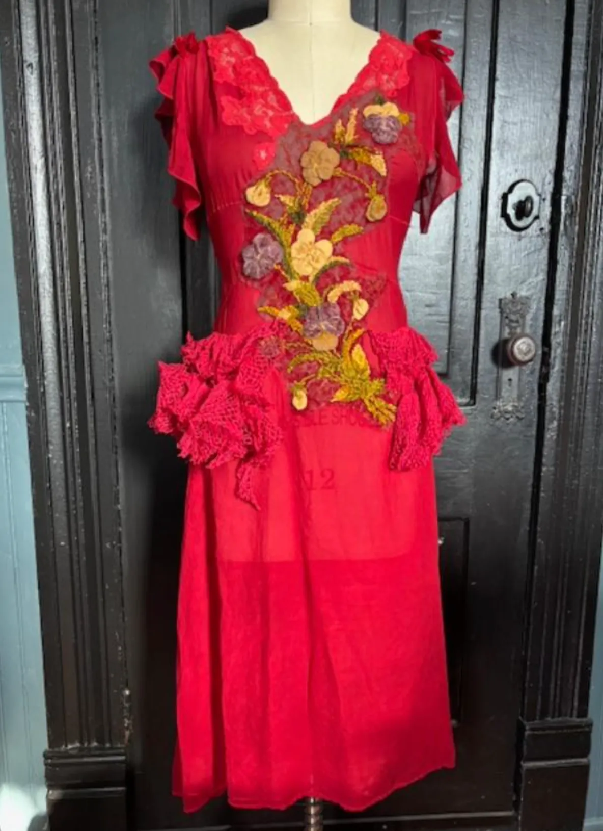 SOLD March 13 NEW Silk Pongee Slip-Dress with Velvet Pansies Panniers style