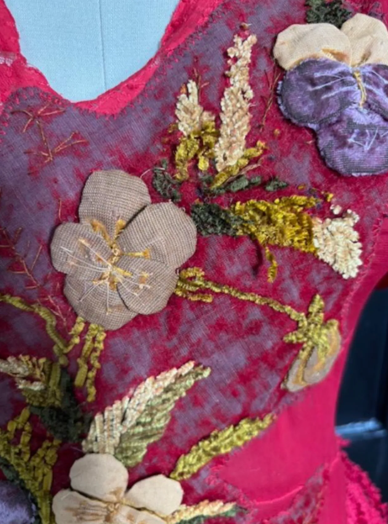 SOLD March 13 NEW Silk Pongee Slip-Dress with Velvet Pansies Panniers style