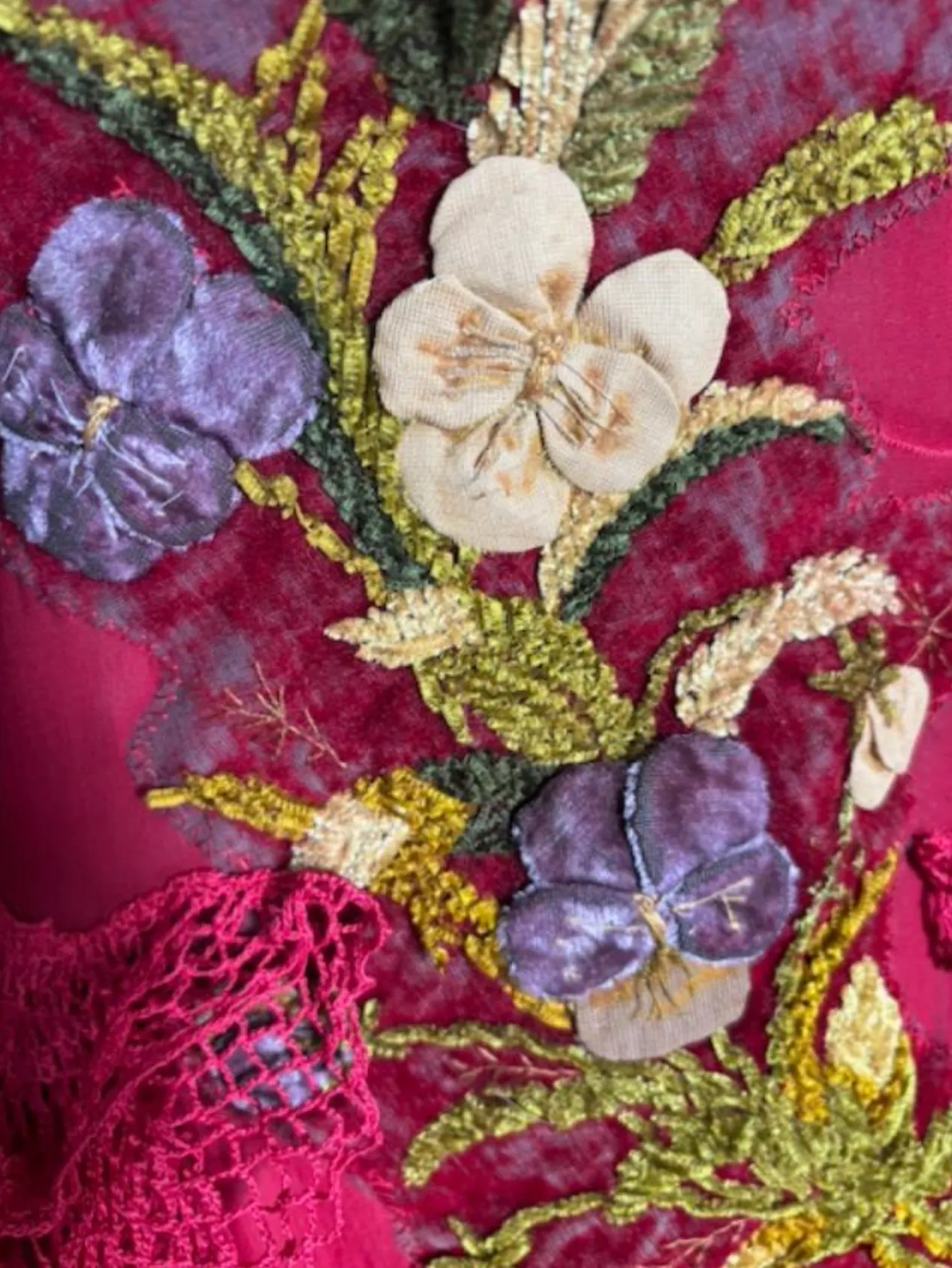 SOLD March 13 NEW Silk Pongee Slip-Dress with Velvet Pansies Panniers style