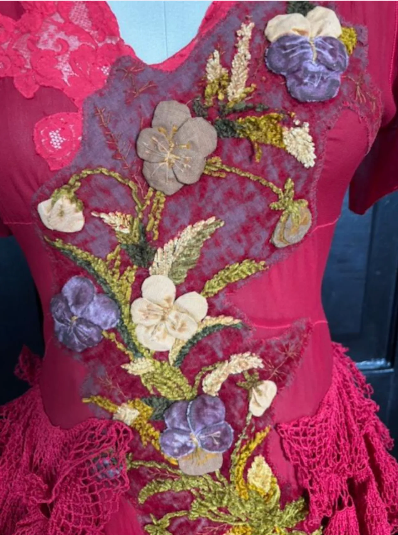 SOLD March 13 NEW Silk Pongee Slip-Dress with Velvet Pansies Panniers style