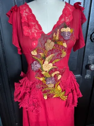 SOLD March 13 NEW Silk Pongee Slip-Dress with Velvet Pansies Panniers style