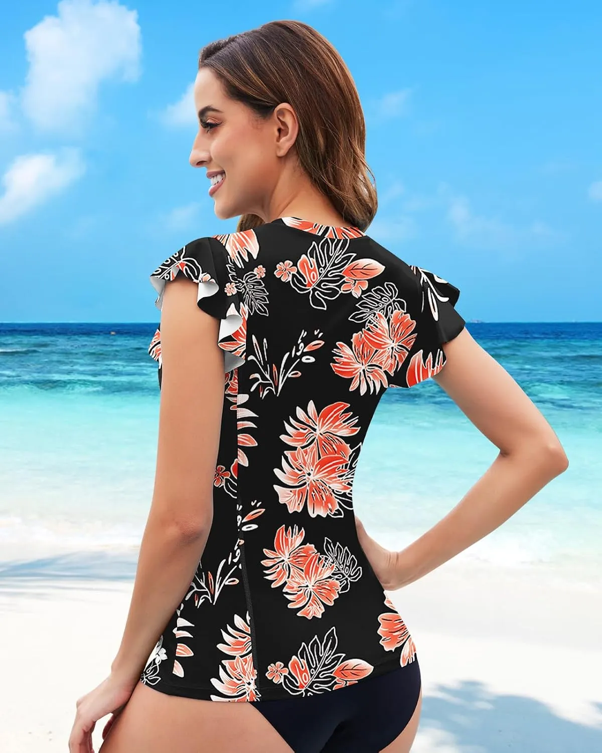 Soneven Women's Swim Shirt UPF 50  Ruffle Sleeve Rash Guard UV Sun Protection Swimsuit Top Bathing Suit No Bottom