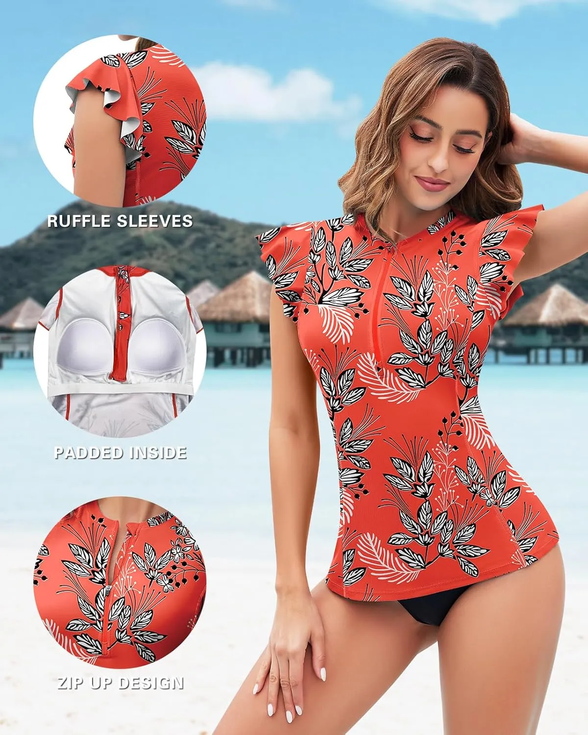 Soneven Women's Swim Shirt UPF 50  Ruffle Sleeve Rash Guard UV Sun Protection Swimsuit Top Bathing Suit No Bottom