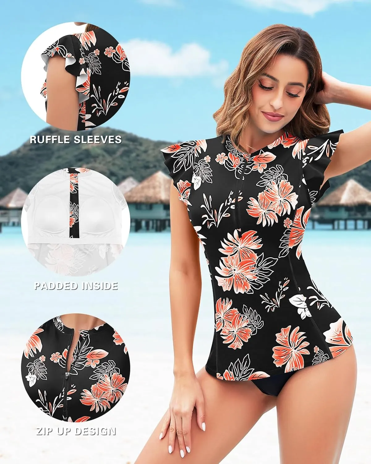 Soneven Women's Swim Shirt UPF 50  Ruffle Sleeve Rash Guard UV Sun Protection Swimsuit Top Bathing Suit No Bottom