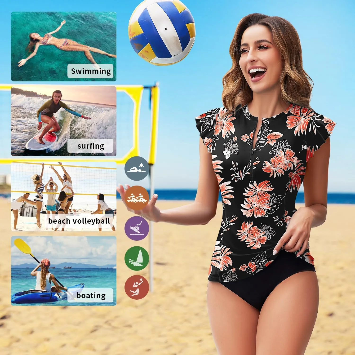 Soneven Women's Swim Shirt UPF 50  Ruffle Sleeve Rash Guard UV Sun Protection Swimsuit Top Bathing Suit No Bottom