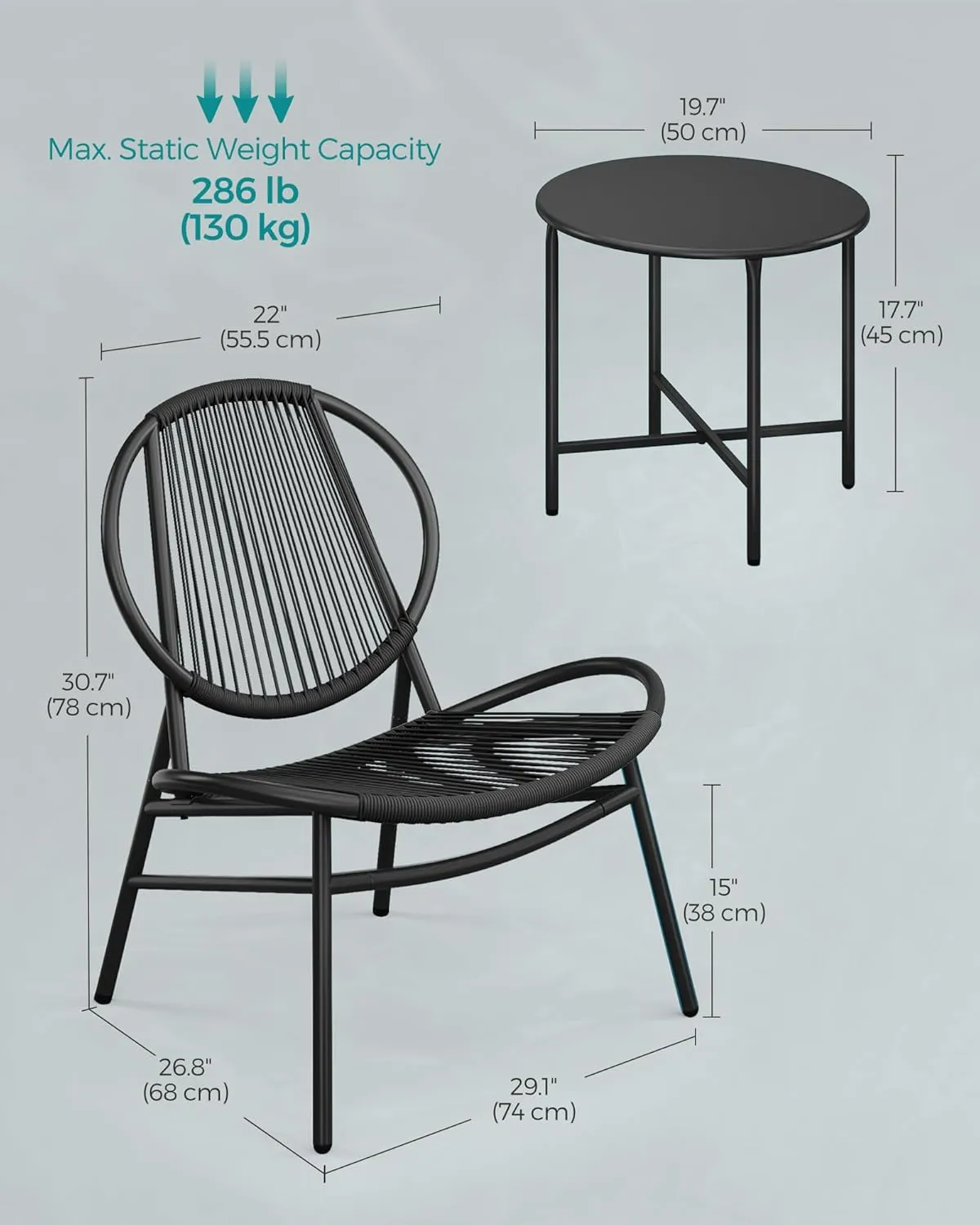 SONGMICS Patio Furniture Set 3 Pieces, Garden Bistro Set, Acapulco Chairs, Outdoor Seating, Side Table and 2 Chairs, Indoor and Outdoor Conversation Set, Balcony Porch, Ink Black UGGF021B01