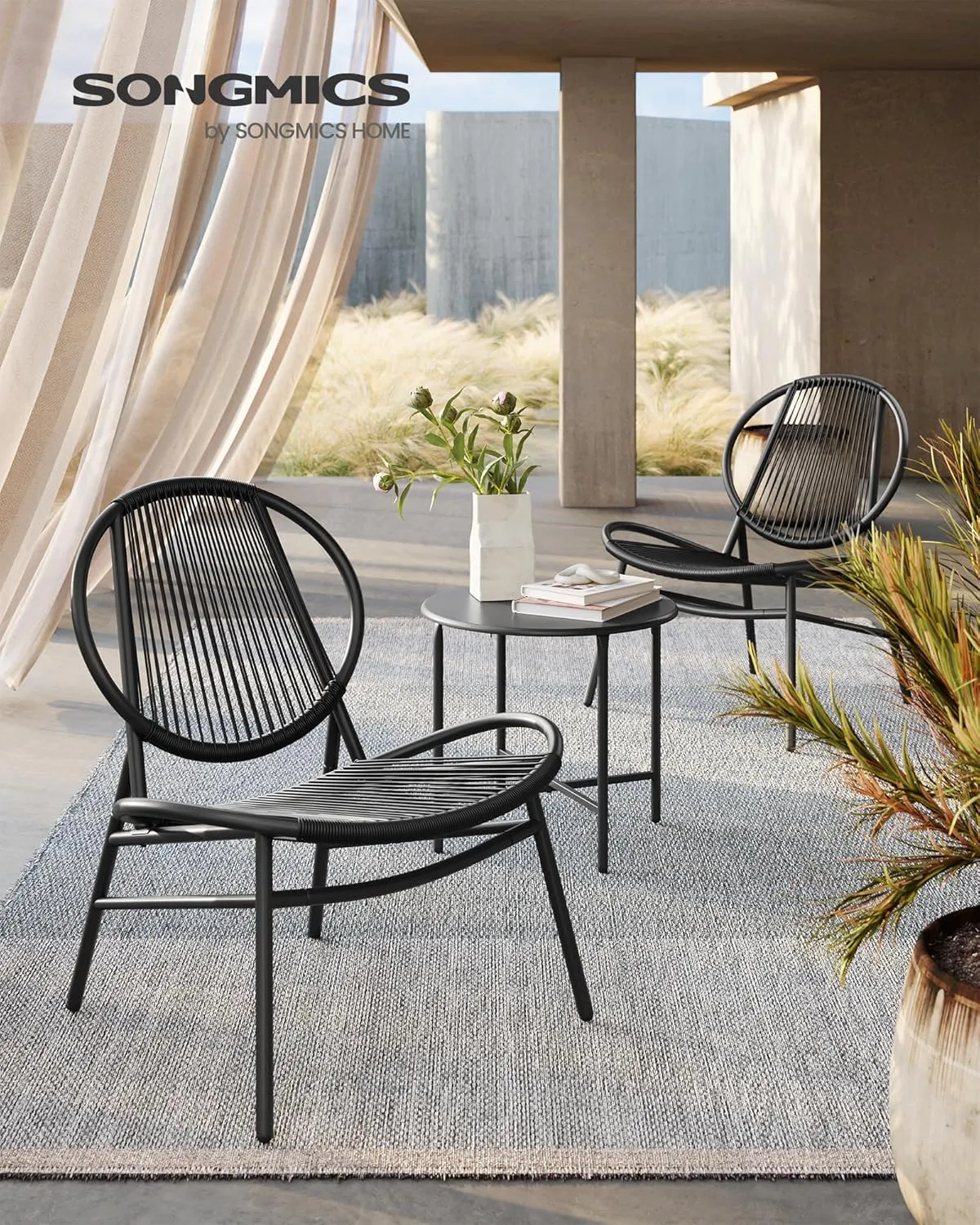 SONGMICS Patio Furniture Set 3 Pieces, Garden Bistro Set, Acapulco Chairs, Outdoor Seating, Side Table and 2 Chairs, Indoor and Outdoor Conversation Set, Balcony Porch, Ink Black UGGF021B01