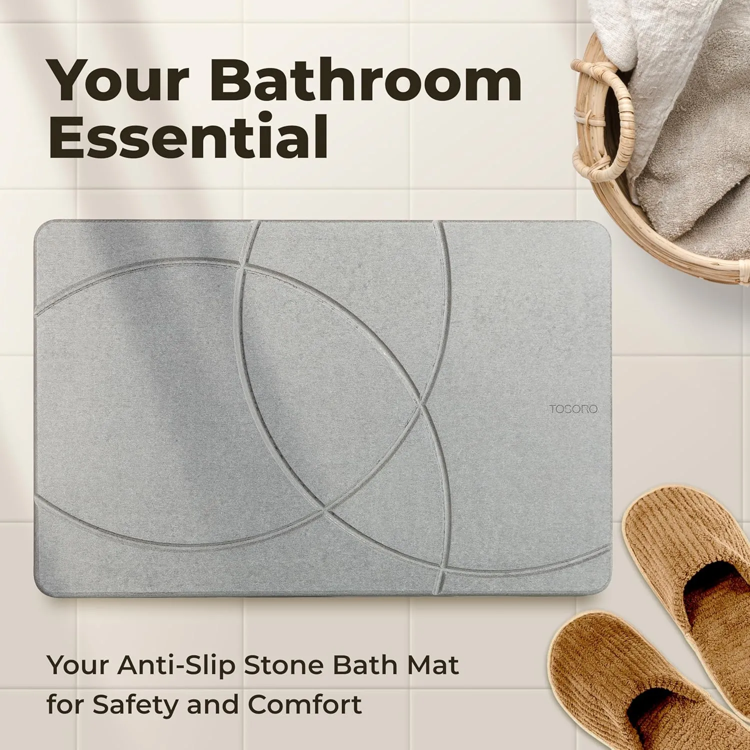 Stone Bath Mat, Diatomaceous Earth Non-Slip Stone Shower Mat - Quick Drying Absorbent Bath Mats for Bathroom - Elegant & Modern Design, Easy to Clean (23.5 x 15) - Graphite
