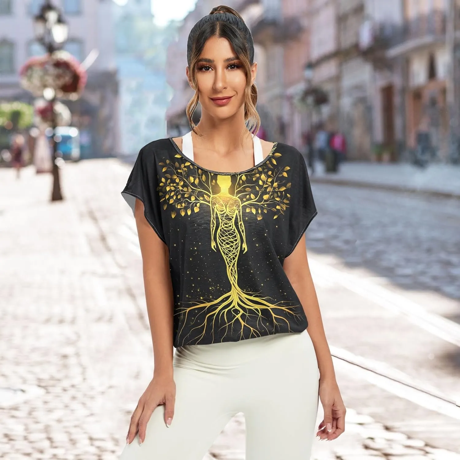 Sunset Tree Roots Red Women t Shirts Sheer Off Shoulder Fall Blouses for Women Casual Work Tops for Women