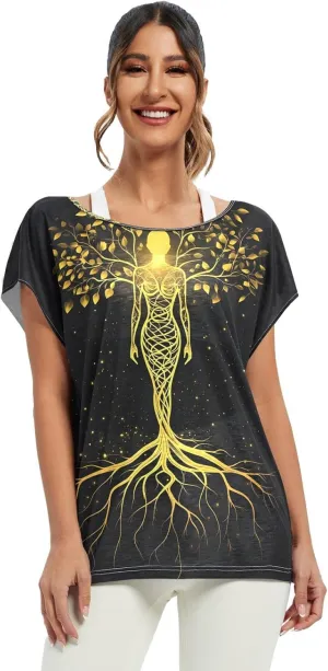 Sunset Tree Roots Red Women t Shirts Sheer Off Shoulder Fall Blouses for Women Casual Work Tops for Women