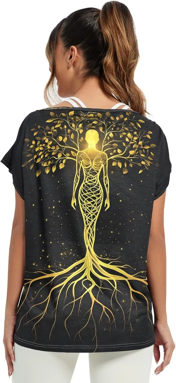 Sunset Tree Roots Red Women t Shirts Sheer Off Shoulder Fall Blouses for Women Casual Work Tops for Women
