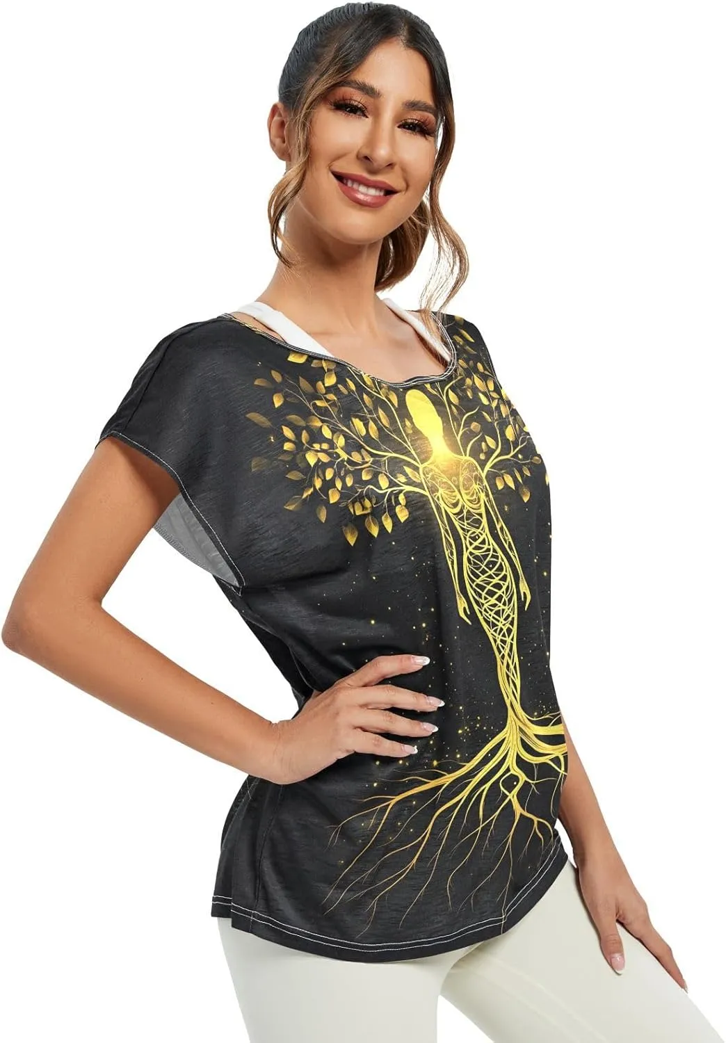 Sunset Tree Roots Red Women t Shirts Sheer Off Shoulder Fall Blouses for Women Casual Work Tops for Women