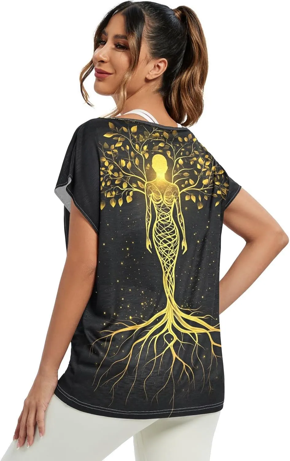Sunset Tree Roots Red Women t Shirts Sheer Off Shoulder Fall Blouses for Women Casual Work Tops for Women