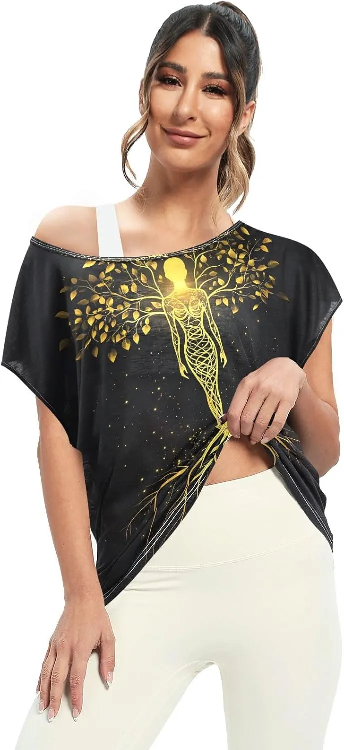 Sunset Tree Roots Red Women t Shirts Sheer Off Shoulder Fall Blouses for Women Casual Work Tops for Women