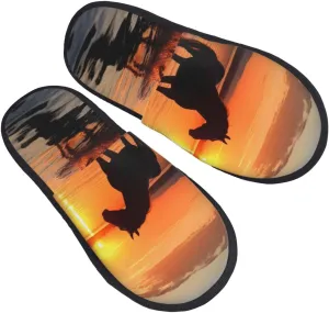 Sunsets Lake Horses Women's Slippers Fuzzy Slip-on Slippers Non-slip House Slippers Warm Cozy Bedroom Shoes Medium