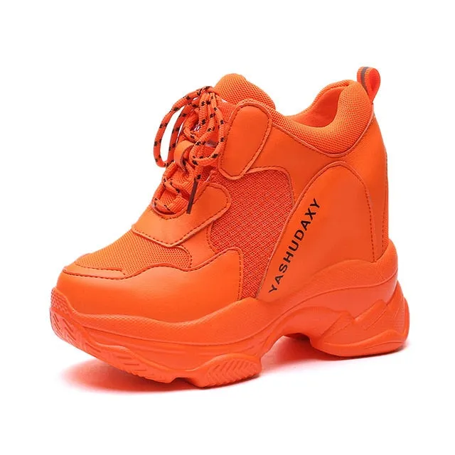 Super High Heels Platform Shoes Women Casual Shoes Breathable Mesh Sneakers Women Vulcanized Shoes Wedge Autumn Women Shoes PU
