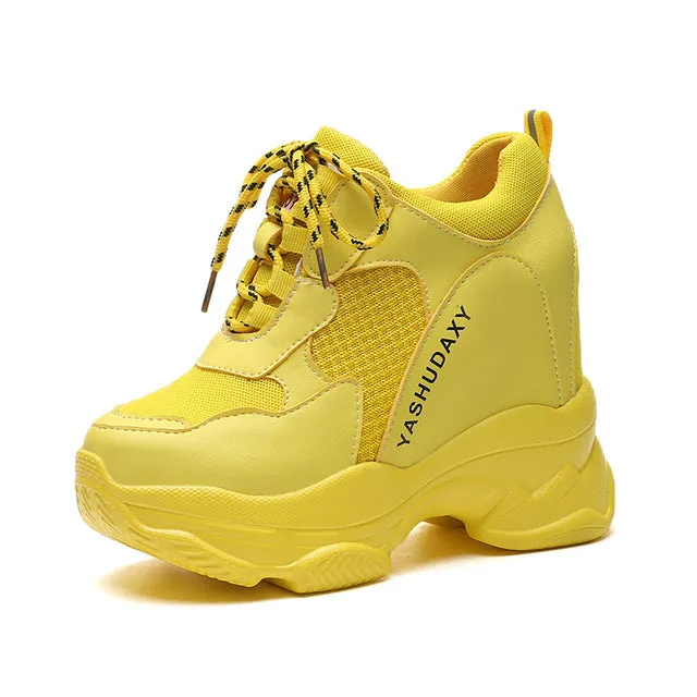 Super High Heels Platform Shoes Women Casual Shoes Breathable Mesh Sneakers Women Vulcanized Shoes Wedge Autumn Women Shoes PU